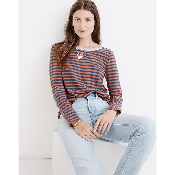 Madewell Navy Blue Orange Stripe Whisper Cotton Ringer Tee Women's Size XXS - Picture 1 of 8
